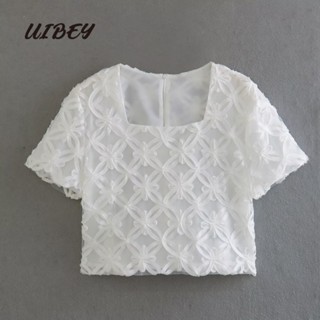 Uibey เสื้อเชิ้ต คอสี่เหลี่ยม แต่งลูกไม้ สีพื้น แฟชั่น 4603