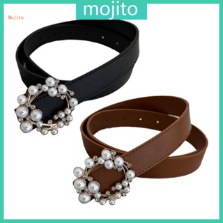 Mojito เข็มขัดหนัง Pu แบบบาง ประดับมุก หรูหรา ปรับได้ สําหรับผู้หญิง ใส่ไปไนท์คลับ