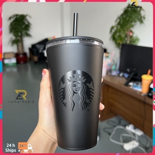 พร้อมส่ง Starbucks Layer Matte Black Coffee Cup Frosted Straw Cup Double-layer Straw Cup 16oz/24oz ถ้วยน้ำนักเรียนความจุขนาดใหญ่