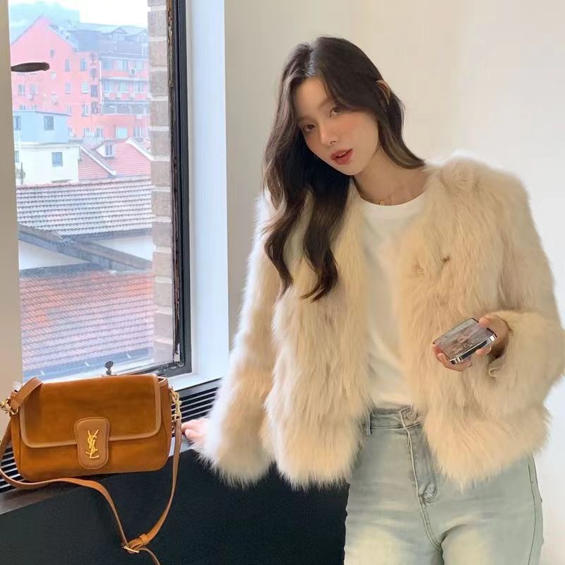 เสื้อโค้ทสั้น คอวี ขนเฟอร์ แฟชั่นฤดูหนาว สําหรับผู้หญิง