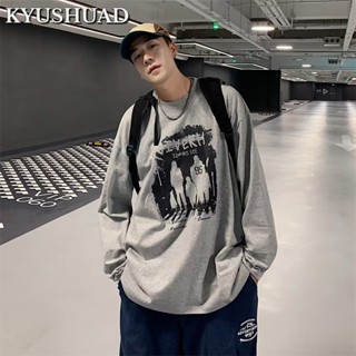 KYUSHUAD เสื้อยืดแขนยาวแนวสตรีทสไตล์ยุโรปและอเมริกาสไตล์สตรีทแนวหลวมๆ