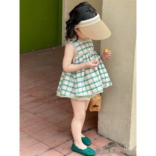 2023 girls summer plaid suit Green fresh yarn-dyed plaid doll shirt vest skirt shorts two-piece set jkoh