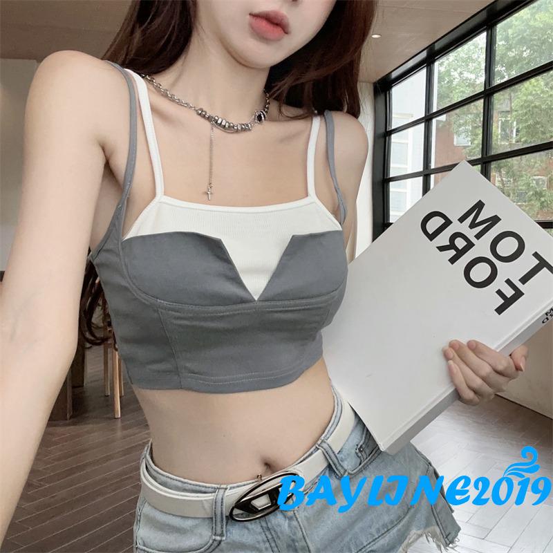 Bay- เสื้อครอปท็อปแขนกุด สายสปาเก็ตตี้ สีคอนทราสต์ สําหรับผู้หญิง