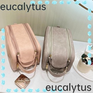 Eucalytus1 กระเป๋าเครื่องสําอาง กระเป๋าหนัง มีซิปคู่ กันน้ํา ทนทาน สไตล์เรโทร สําหรับเดินทาง