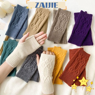 Zaijie24 ถุงมือครึ่งนิ้ว ผ้าขนสัตว์ ให้ความอบอุ่น สําหรับผู้หญิง