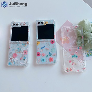 Jusheng เคสโทรศัพท์มือถือ ลายดอกไม้ สีแดง แฟชั่น สําหรับ Samsung Z Flip5 Z Flip4 Z Flip3