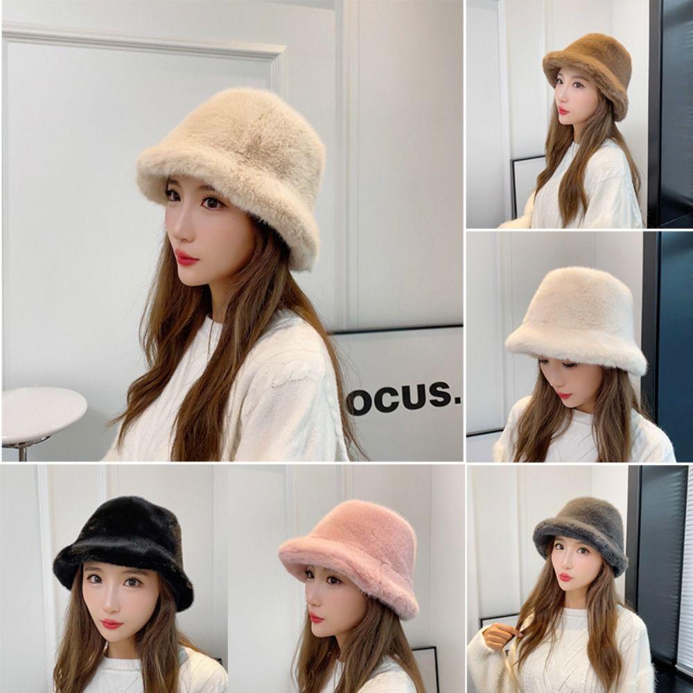 Bubble หมวกบักเก็ต ผ้ากํามะหยี่ขนนิ่ม แบบหนา สีพื้น สไตล์ชาวประมง แฟชั่นฤดูใบไม้ร่วง ฤดูหนาว สําหรับผู้หญิง