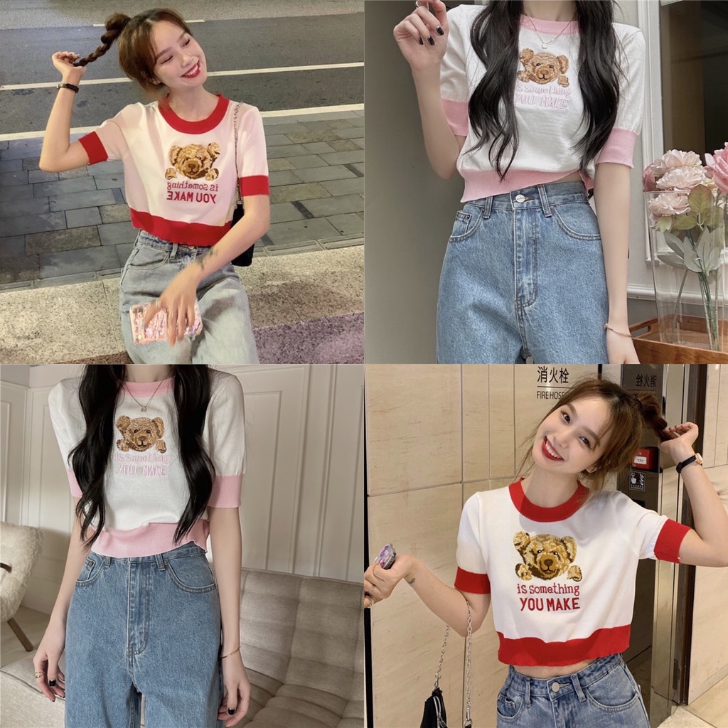 Elves✨พร้อมส่ง✨เสื้อไหมพรมแขนสั้นน้อนหมีน่ารัก *7201