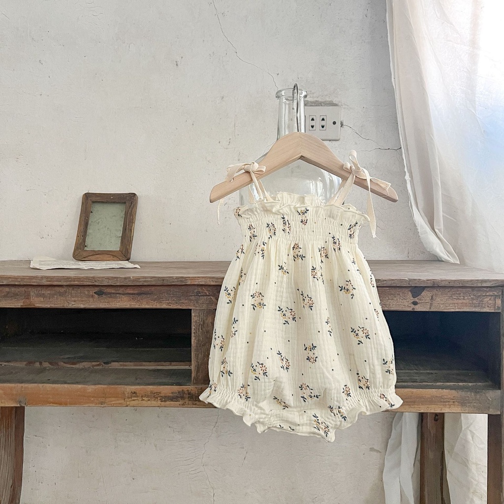 ชุดจั๊มสูท ผ้าฝ้ายแท้ ลายดอกไม้ และกางเกงขาสั้น เอวสูง แต่งระบาย สําหรับเด็กทารกแรกเกิด - รูปที่ 3