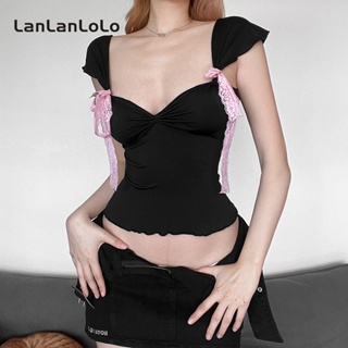 Lanlanlolo เสื้อครอปแขนกุด คอสี่เหลี่ยม เข้ารูป สีพื้น สําหรับผู้หญิง 2023