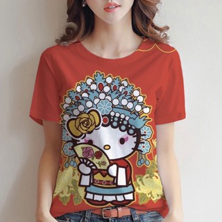 เสื้อยืดแขนสั้น พิมพ์ลาย hello kitty น่ารัก ทรงหลวม สําหรับผู้หญิง