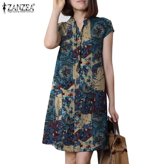 Zanzea ชุดเดรสแขนสั้น คอวี พิมพ์ลายดอกไม้ มีกระเป๋าด้านข้าง สไตล์เกาหลี สําหรับผู้หญิง