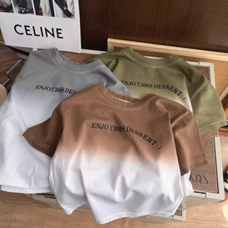 พร้อมส่ง เสื้อยืดแขนสั้นลําลอง ผ้าฝ้ายแท้ ทรงหลวม ไล่โทนสี แฟชั่นฤดูร้อน สไตล์เกาหลี สําหรับเด็กผู้ชาย