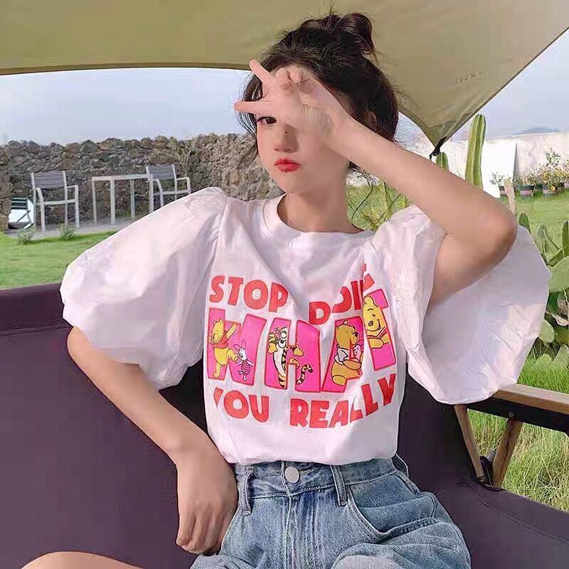 Gugu .L～เสื้อยืดแขนสั้น การ์ตูนเสื้อแขนสั้นทรงฟอง เวอร์ชั่นเกาหลีดูผอมบางน่ารักเสื้อยืดแขนสั้น#VL00083
