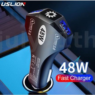 Uslion 48W 2-Port USB อะแดปเตอร์ชาร์จในรถยนต์ Dual 24W QC3.0 ชาร์จเร็ว พร้อมไฟ LED สีฟ้า