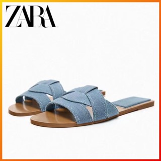 Zara รองเท้าแตะ ส้นแบน ทรงสี่เหลี่ยม แฟชั่นฤดูร้อน สําหรับผู้หญิง