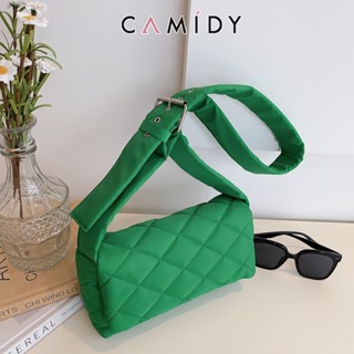 Camidy ผ้าฝ้ายลงกระเป๋าใหม่ขนมเปียกปูนด้ายปักไหล่กระเป๋าสี่เหลี่ยมเล็กฟองน้ำสีทึบกระเป๋า Messenger ผู้หญิง