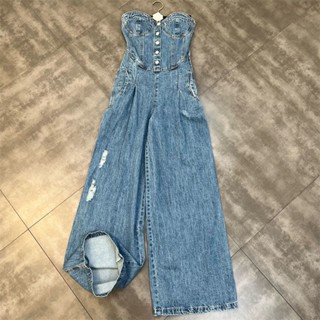 Breast-wiped denim jumpsuit girls 2022 spring new Korean version of fashion waist temperament sweet cool fried street wide-leg pants tide