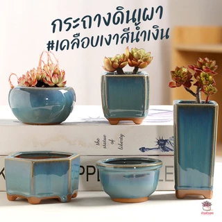 กระถางดินเผา #เคลือบเงาสีน้ำเงิน กระถางต้นไม้ ไม้อวบน้ำ กุหลาบหิน cactus&succulentหลากหลายสายพันธุ์