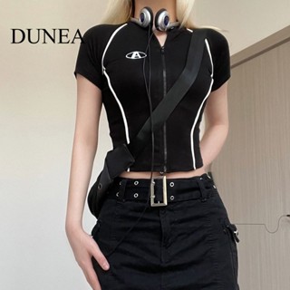 Dunea เสื้อยืด ปักลายโมโนแกรม มีซิป เซ็กซี่ สําหรับผู้หญิง