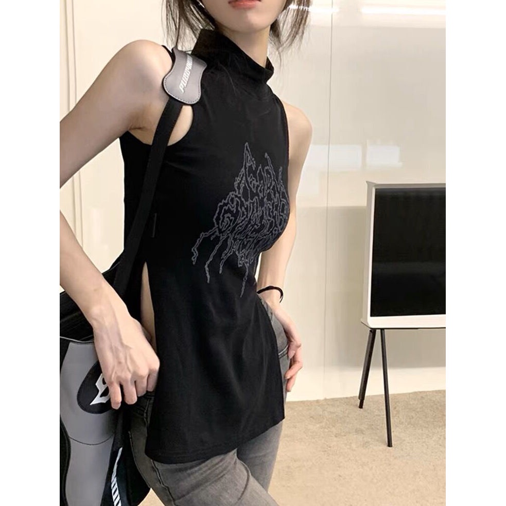 เสื้อยืดแขนกุดเซ็กซี่ เข้ารูป สีดํา แฟชั่นฤดูร้อน สําหรับผู้หญิง H0AN