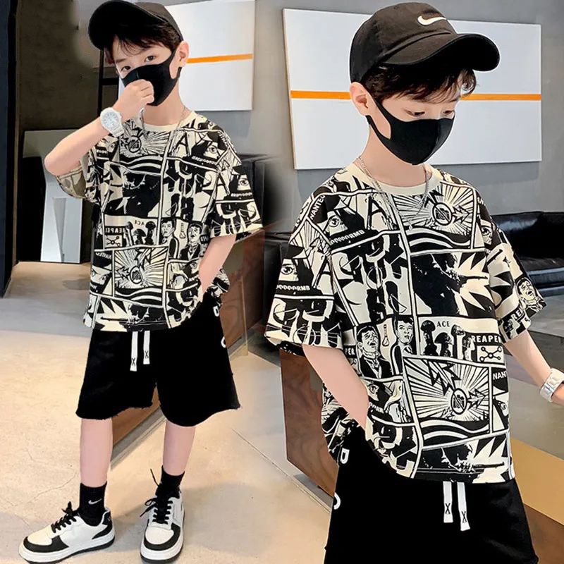 พร ้ อมสต ็ อก 120-170 ซม.เด ็ กหลวมเสื ้ อยืดลําลองเด ็ กชายหล ่ อการ ์ ตูนอะนิเมะแขนสั ้ นกีฬา Top
