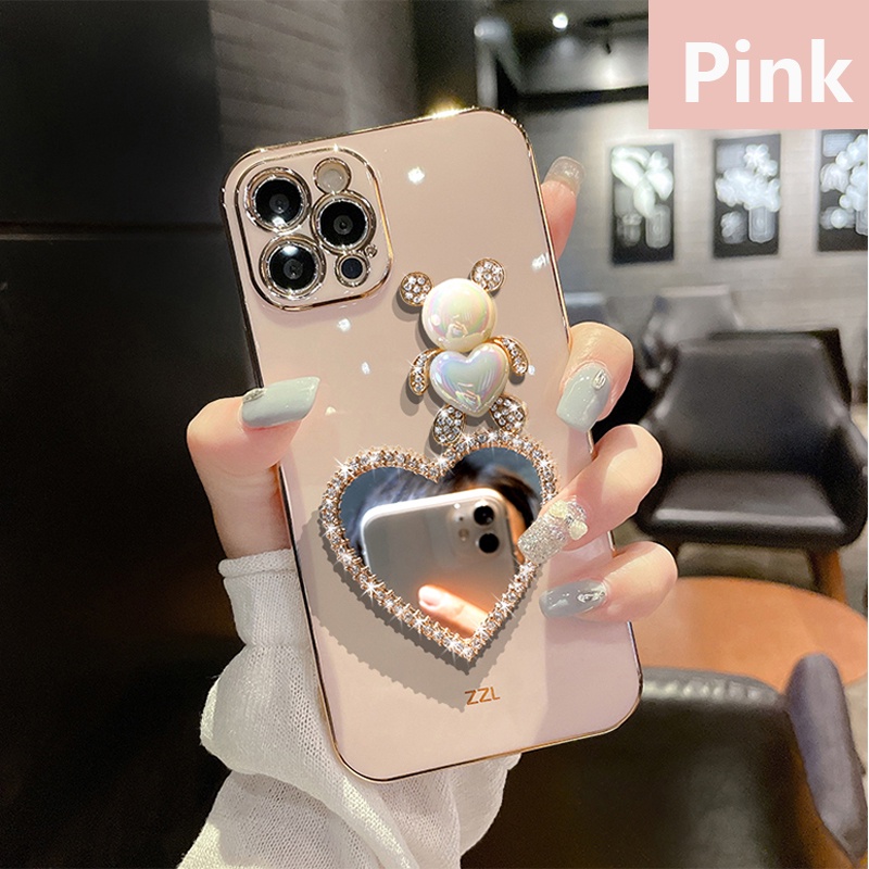 สําหรับ Apple iPhone 16 15 14 13 12 11 Pro Max iPhone 14 7 8 6 6S Plus mini iPhone XR X XS Max การ์ตูนสแควร์ Bling เพชรหมีกระจกชุบเคสโทรศัพท์นุ่มกลับคลุมทั้งหมด