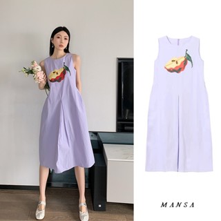 MANSA purple sleeveless printed dress ชุดเกาหลีผู้หญิง เดรส เดรสพิมพ์ลายแอปเปิ้ล