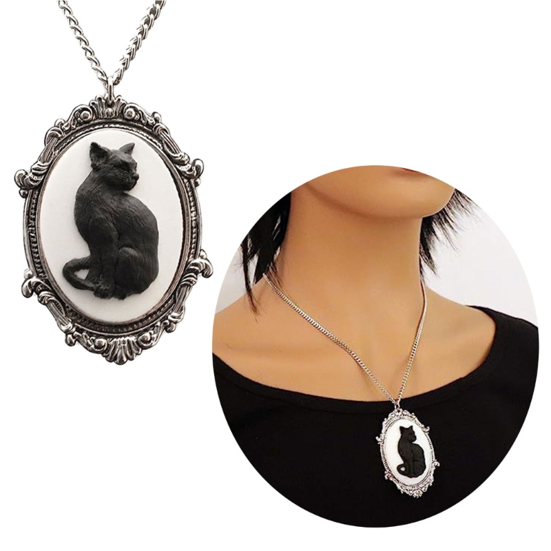 Lead Gothic Oval-Frame Pendant Necklace Unique Black Cat Cameo Necklace-Mystic