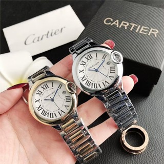 Cartier นาฬิกาข้อมือควอตซ์ลําลอง สายหนัง หน้าปัดกลม ประดับเพชร สายสแตนเลส เหมาะกับของขวัญวันเกิด สําหรับผู้ชาย และผู้หญิง