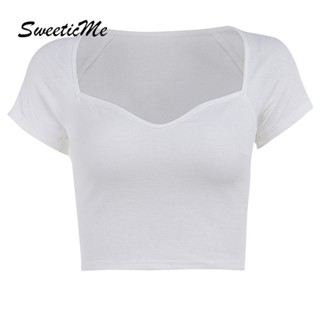 Sweeticme เสื้อยืดลําลอง แขนสั้น สีพื้น เข้ากับทุกการแต่งกาย แฟชั่นฤดูร้อน สําหรับสตรี 2023