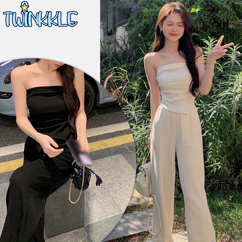 พร้อมส่ง ชุดเซ็ทเเฟชั่นสองชิ้น เสื้อเกาะอก+กางเกงขายาวทรงหลวม ชุดเซ็ท2ชิ้น