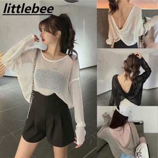 littlebee🔥 E241 เสื้อตาข่ายแขนยาว เสื้อครอปผ้าทอถัก เว้าหลัง ดีเทลแต่งสายมุก ตาข่ายเบาๆซี่ทรูกำลังมาแรง วินเทจ