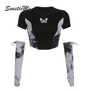 Sweeticme ใหม่ เสื้อยืดลําลอง แขนสั้น คอกลม เข้ารูป สีตัดกัน แฟชั่นสําหรับสตรี 2023