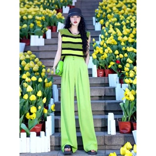 Summer New Style Temperament Age-reducing Womens Suit Green Sleeveless Top Suit Wide Leg Pants Fashion Professional Two-piece Set