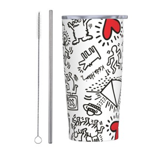 Keith Haring แก้วกาแฟสเตนเลส 20 ออนซ์ พร้อมฝาปิด และหลอด สองชั้น สุญญากาศ แก้วกาแฟ แก้วน้ํา นํากลับมาใช้ใหม่ได้ ถ้วยความร้อน