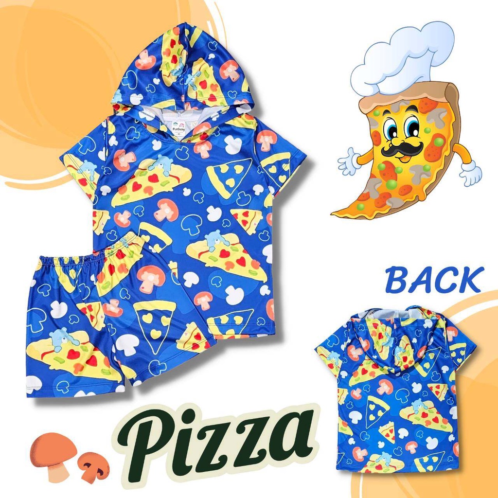 PZ0845 เสื้อผ้าเด็ก เสื้อแขนสั้น(ฮู้ด)+กางเกงขาสั้น เนื้อผ้าไมโครเกรดA ลายพี่หมี พิซซ่า ชุดเด็กแฟชั่น ชุดเด็กลายการ์ตูน