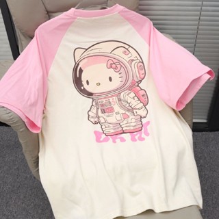 KT เสื้อยืดแขนสั้น ผ้าฝ้าย 100% ผ้าวูล ทรงหลวม ลาย hello kitty น่ารัก สําหรับเด็กผู้หญิง