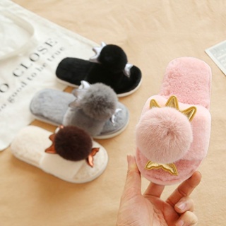 Princess cotton slippers 2021 new childrens slippers autumn and winter hair ball plus plush girls one-word flip-flops baby home