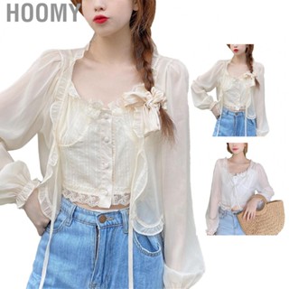 Hoomy Women Open Front Top  Chiffon Long Sleeve Open Front Shirt Soft Skin Friendly Strap Tie  for Summer