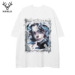 HANLU เสื้อยืดผู้ชาย ใหม่แบรนด์น้ำในยุโรปและอเมริกา ins เสื้อยืดแขนสั้นหลวมนักเรียนชายและหญิงพิมพ์ฮิปฮอปส่วนบุคคล