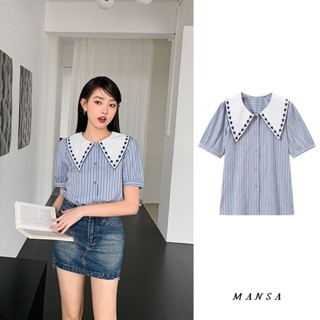 MANSA Blue Striped Chiffon Shirt เสื้อ เสื้อเชิ้ตแขนสั้น