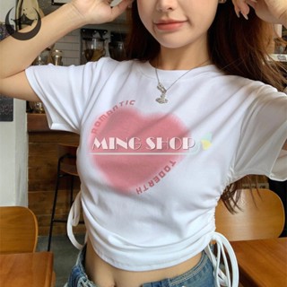 Ming Summer Love เสื้อยืดครอปท็อป คอกลม แขนสั้น พิมพ์ลายหัวใจ แบบผูกเชือก สําหรับผู้หญิง TH