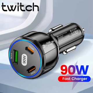 Twitch อะแดปเตอร์ชาร์จโทรศัพท์มือถือ Type C 90W PD 3 พอร์ต ชาร์จเร็ว สําหรับรถยนต์