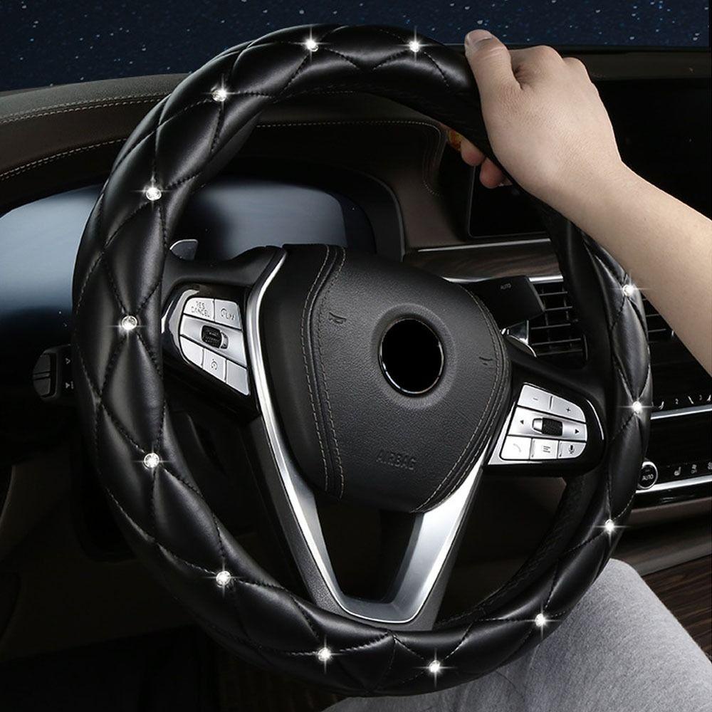 Aomsom ปลอกหุ้มพวงมาลัยรถยนต์ แบบนิ่ม ประดับเพชร สีดํา สีชมพู - รูปที่ 7