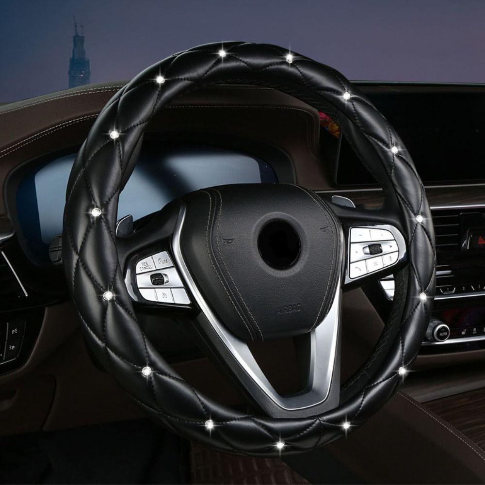 Aomsom ปลอกหุ้มพวงมาลัยรถยนต์ แบบนิ่ม ประดับเพชร สีดํา สีชมพู - รูปที่ 6