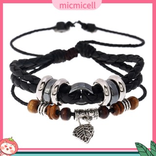 [MMC] แฟชั่น บุคลิกภาพ สร้างสรรค์ หลายชั้น ทอ ใบไม้ จี้ สร้อยข้อมือหนัง ผู้ชาย