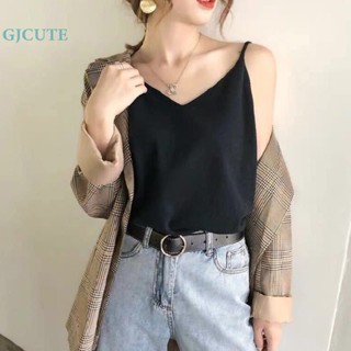 Gjcute เสื้อสายเดี่ยวลําลอง คอวี ผ้าถัก ทรงหลวม สีพื้น แฟชั่นฤดูร้อน สําหรับสตรี WTD