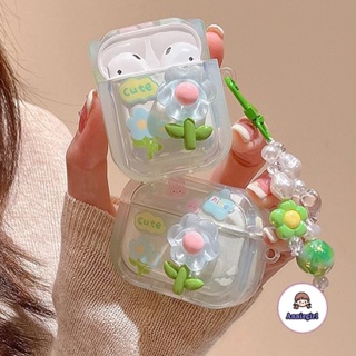 เคสหูฟังบลูทูธไร้สาย TPU นิ่ม ลายดอกไม้ 3D สีเขียว กันสิ่งสกปรก สําหรับ Airpods 1 2 Airpods 3 Pro2