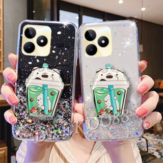 เคสโทรศัพท์มือถือนิ่ม แบบใส ปิดด้านหลัง ลายการ์ตูนหมีชานมน่ารัก พร้อมขาตั้ง สําหรับ Realme C53 C55 NFC 10T 10 Pro+ Pro 5G RealmeC53 RealmeC55